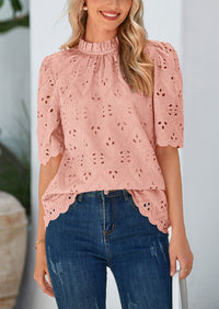 PRETTYGARDEN Womens Summer Tops Trendy Short Sleeve Eyelet Embroidered Dressy Casual Blouse Shirts