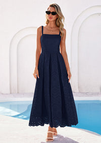 PRETTYGARDEN Womens Sleeveless Maxi Summer Dresses Hollow Out Eyelet Square Neck Ruffle Flowy Beach Vacation Sundress PRETTYGARDEN