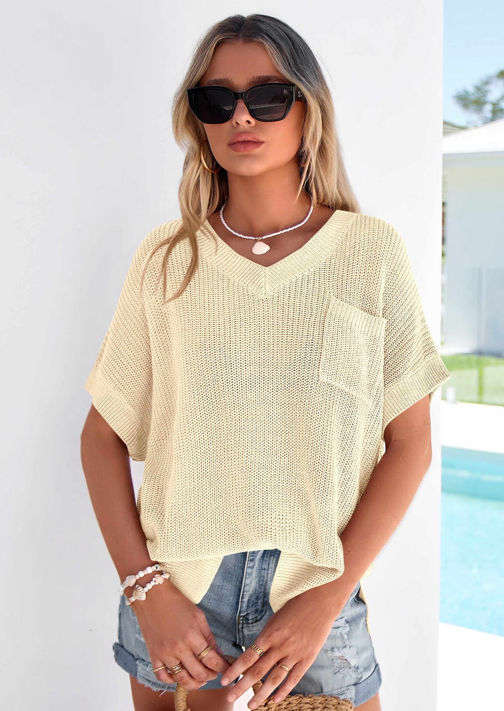 PRETTYGARDEN Women's Spring Short Sleeve Sweaters Lightweight V Neck Casual Going Out Summer T PRETTYGARDEN