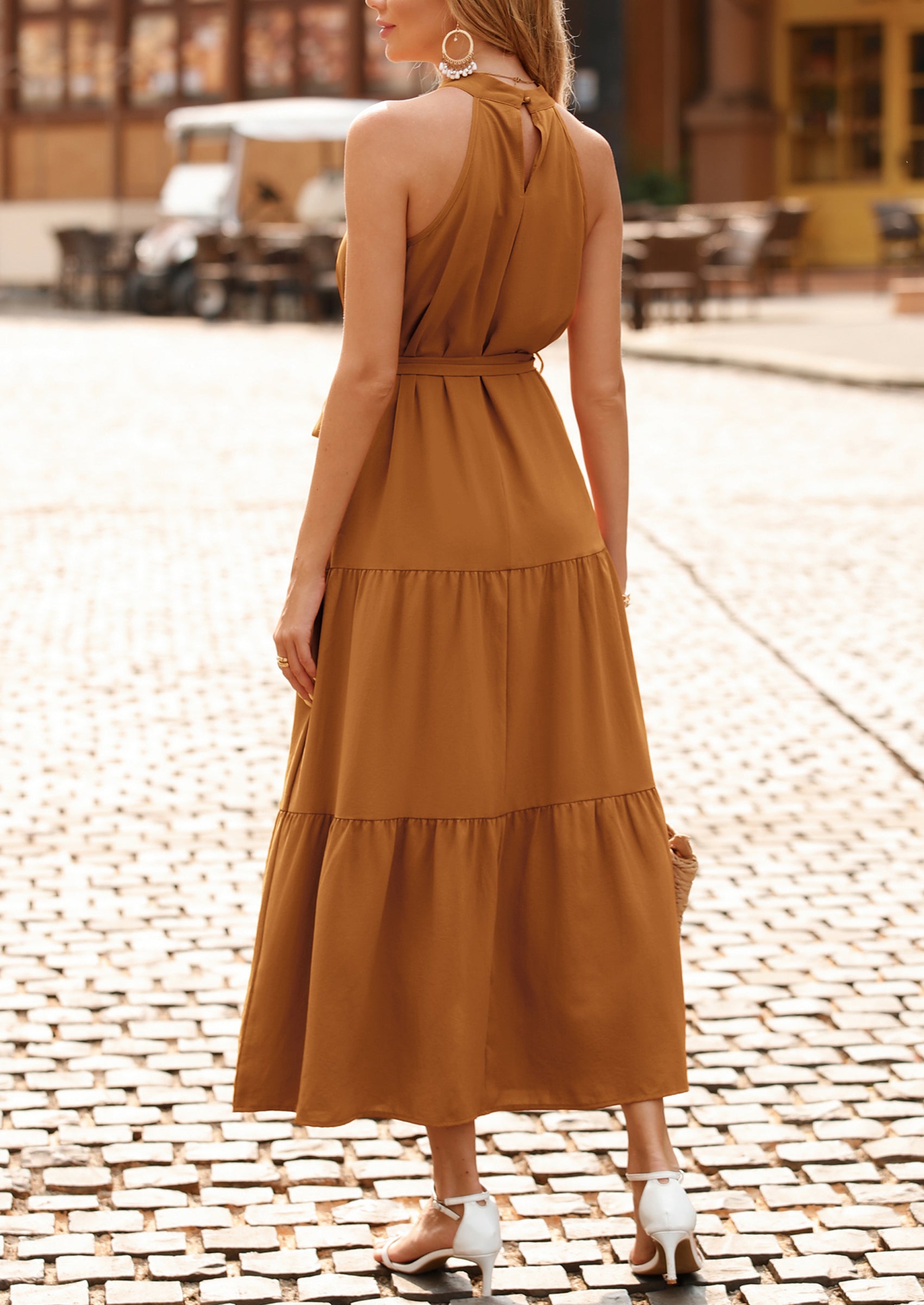 PRETTYGARDEN Women's Summer Floral Maxi Sun Dress Sleeveless Halter Neck Flowy Ruffle Hem Long Boho Dresses with Belt