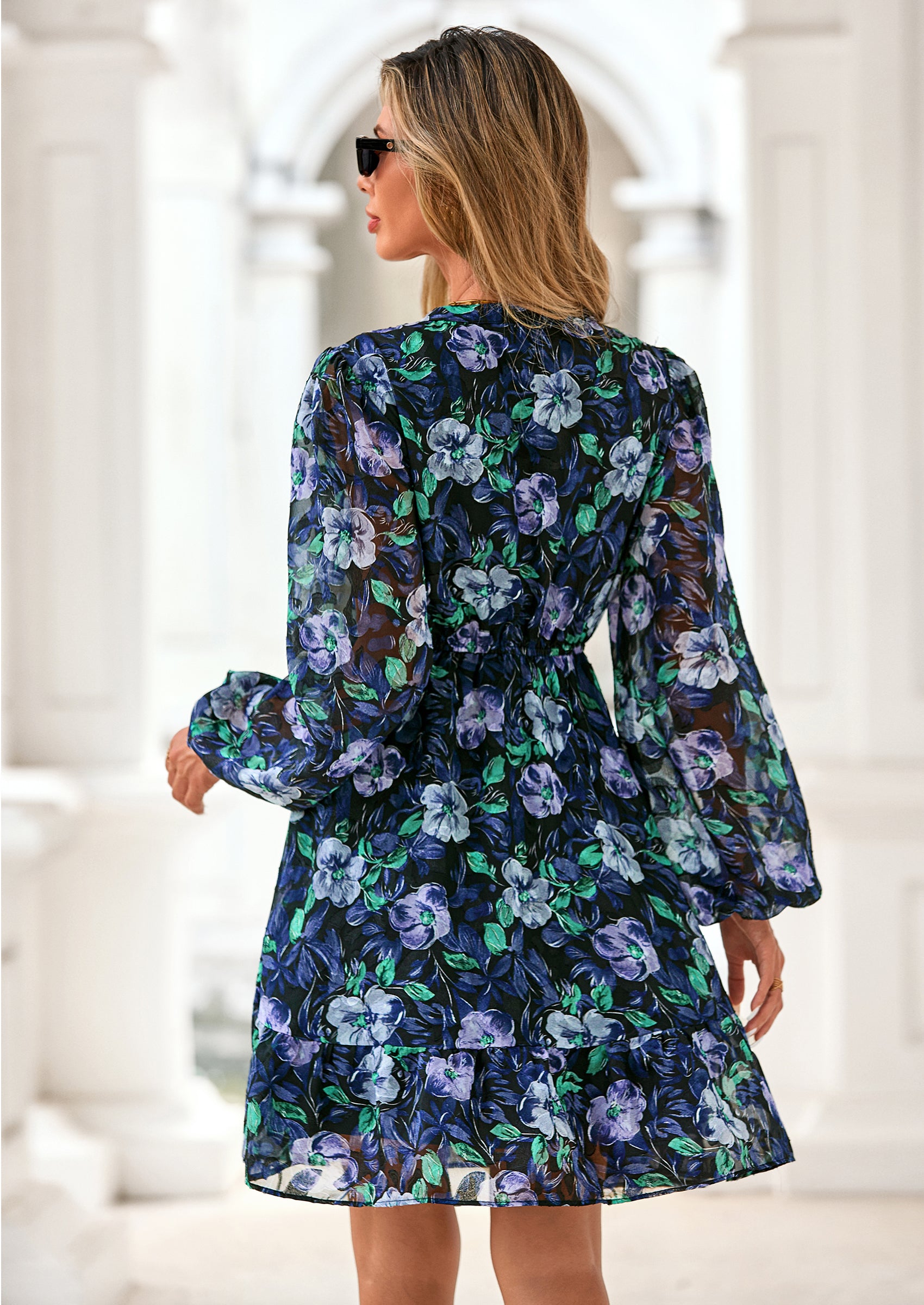 PRETTYGARDEN Women's Fall Boho Dresses Floral Long Sleeve V Neck Mini Flowy Wedding Guest Dress Trendy Vacation Outfits