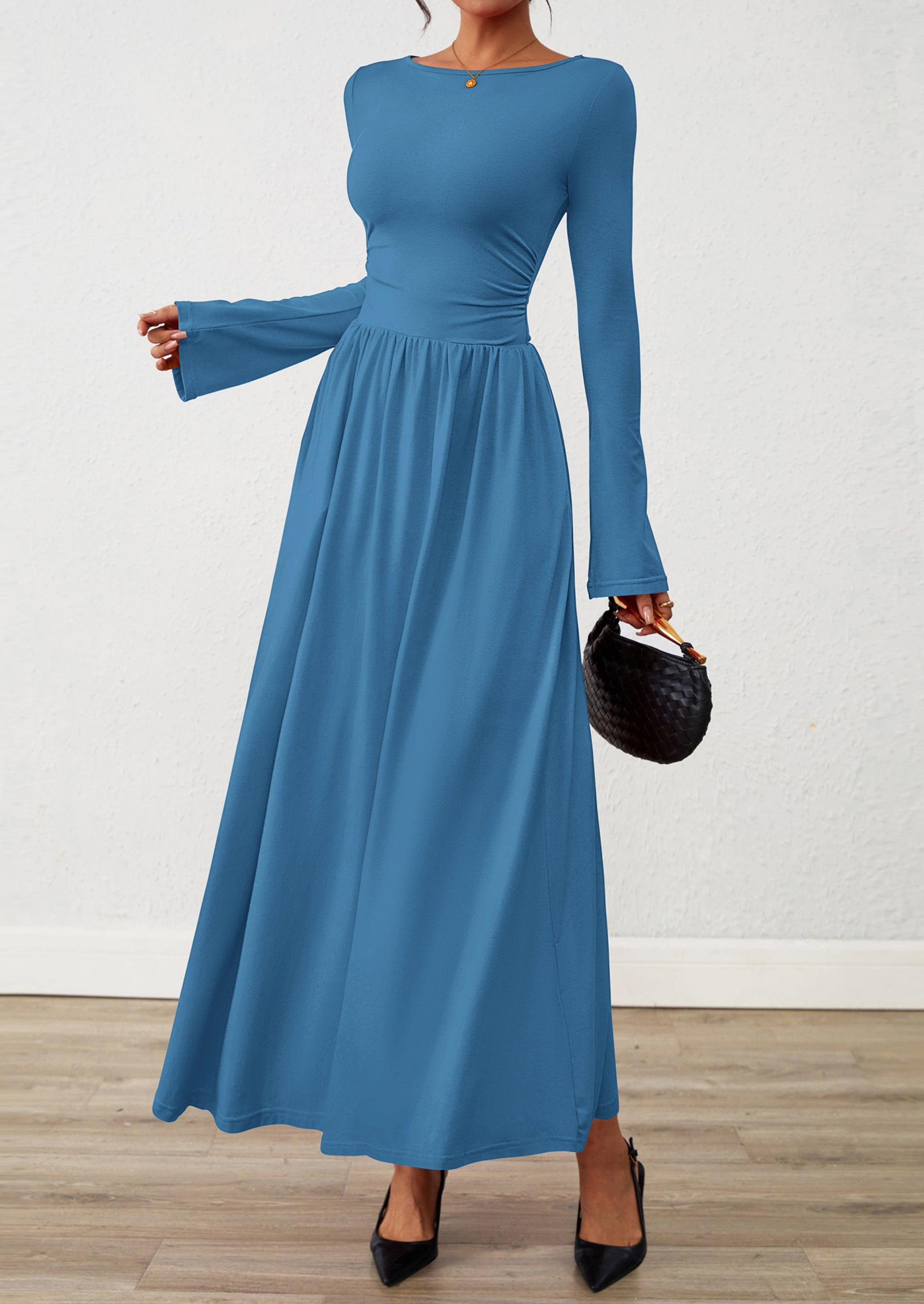 BTFBM Long Sleeve Maxi Dresses for Women Fall Casual Ruched Boat Neck Flowy Elegant Formal Wedding Guest Dress