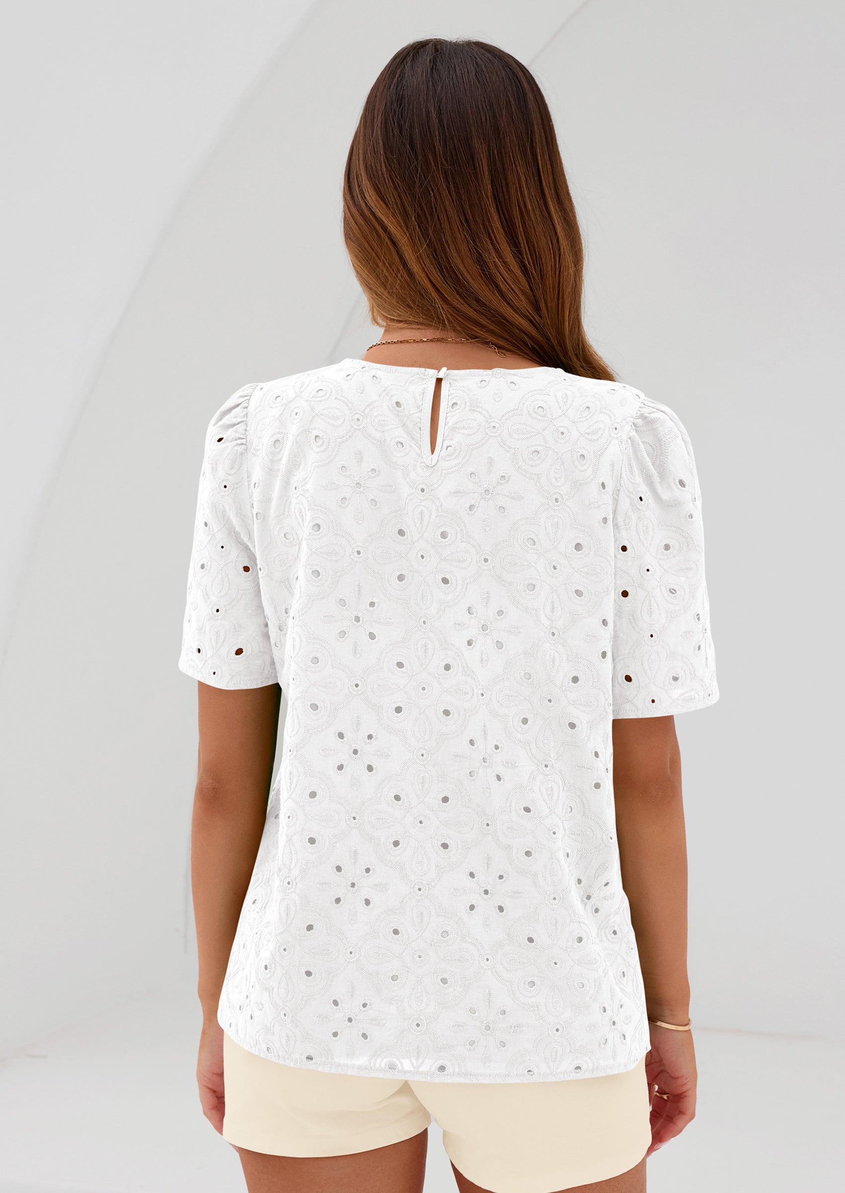 PRETTYGARDEN Women's Puff Short Sleeve Eyelet Shirts Summer Lace Blouses Dressy Casual Work Tops Spring Teacher Clothes PRETTYGARDEN