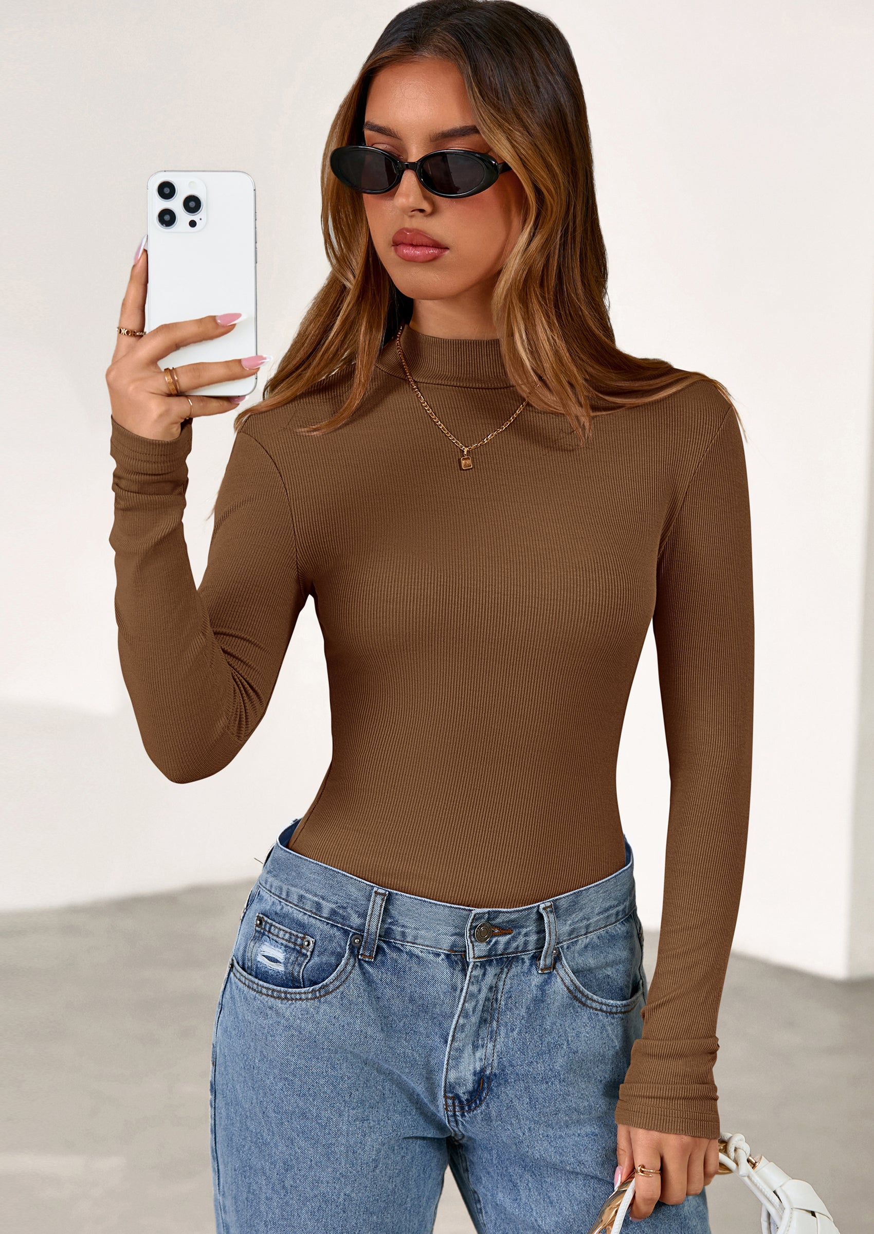 PRETTYGARDEN Women's Turtleneck Long Sleeve Shirts Fall Basic Tees Ribbed Fitted Tops Thermal Layering Knit Top Clothes