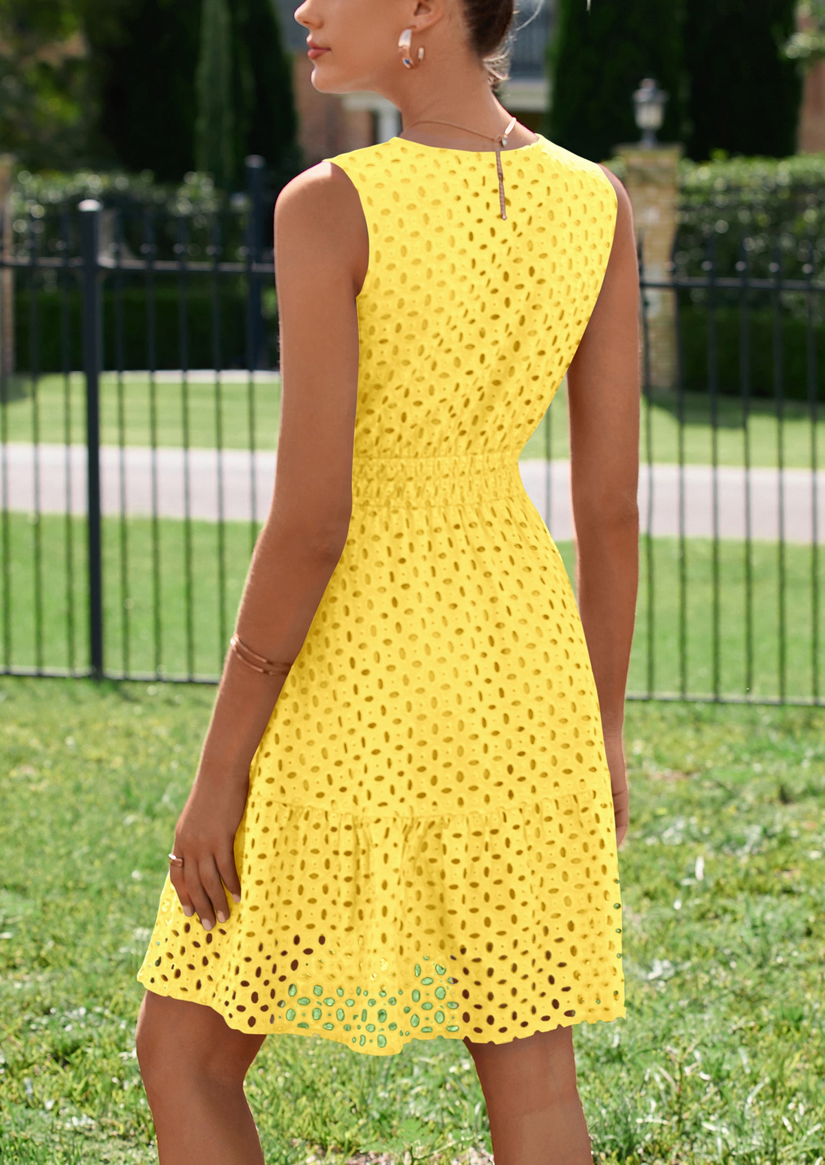 PRETTYGARDEN Women's Summer Dresses Sleeveless V Neck Eyelet Hollow Out Swing A Line Beach Vacation Sun Dress