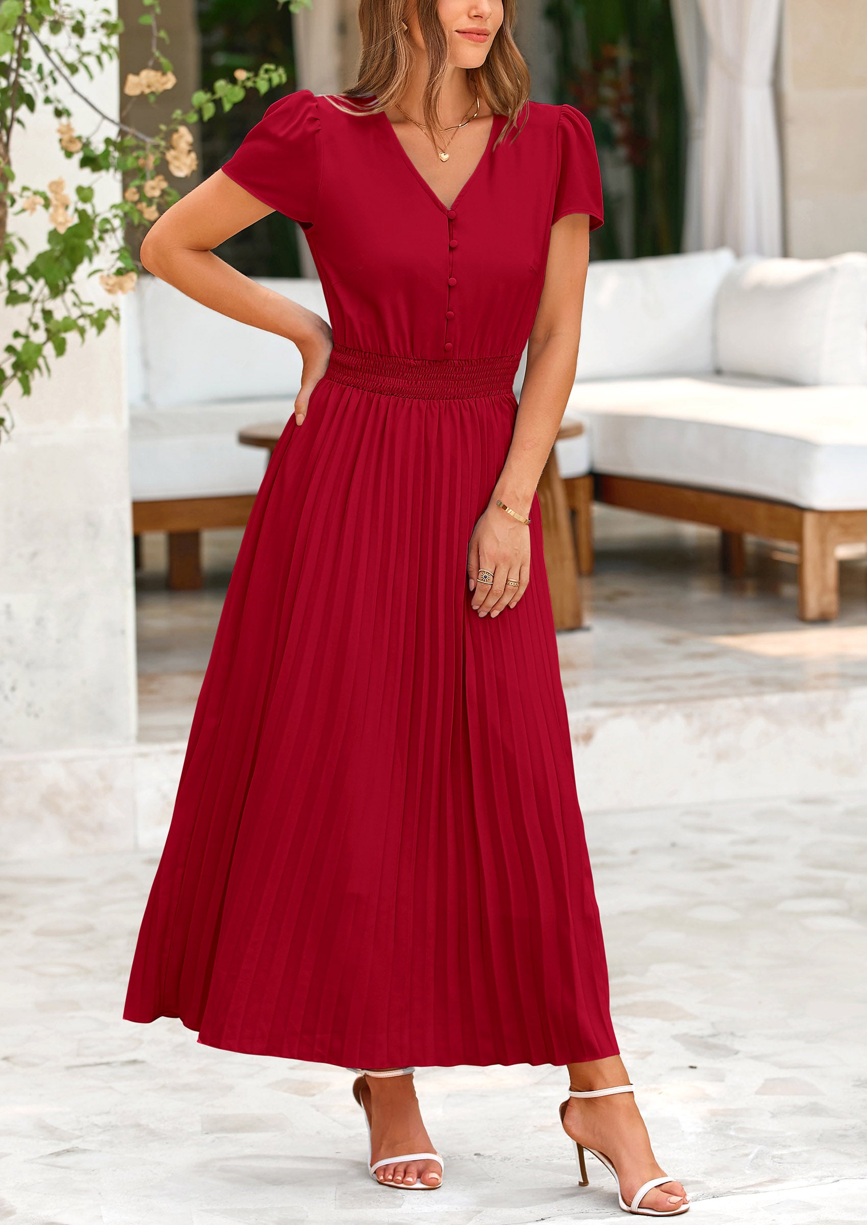 PRETTYGARDEN Women's Maxi Dresses Summer Trendy Cap Short Sleeve Button V Neck Casual Flowy Pleated Long Dress