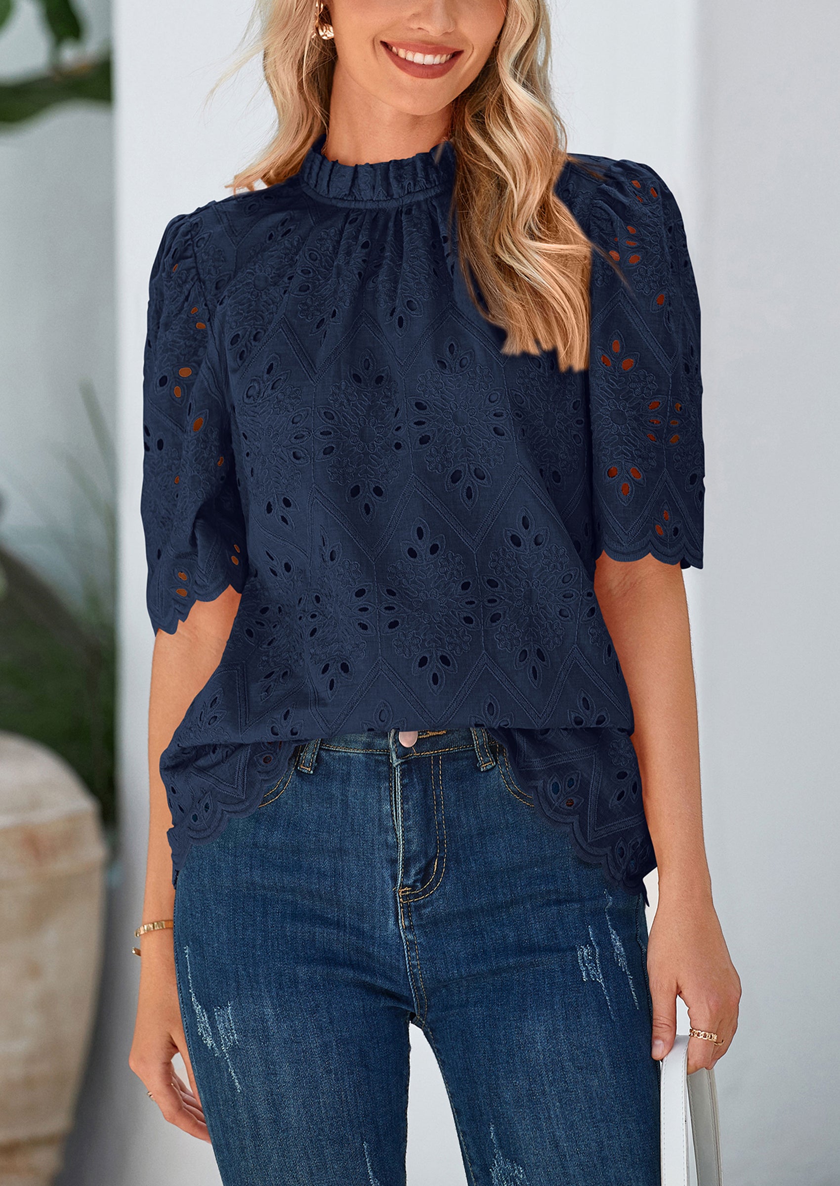 PRETTYGARDEN Womens Summer Tops Trendy Short Sleeve Eyelet Embroidered Dressy Casual Blouse Shirts