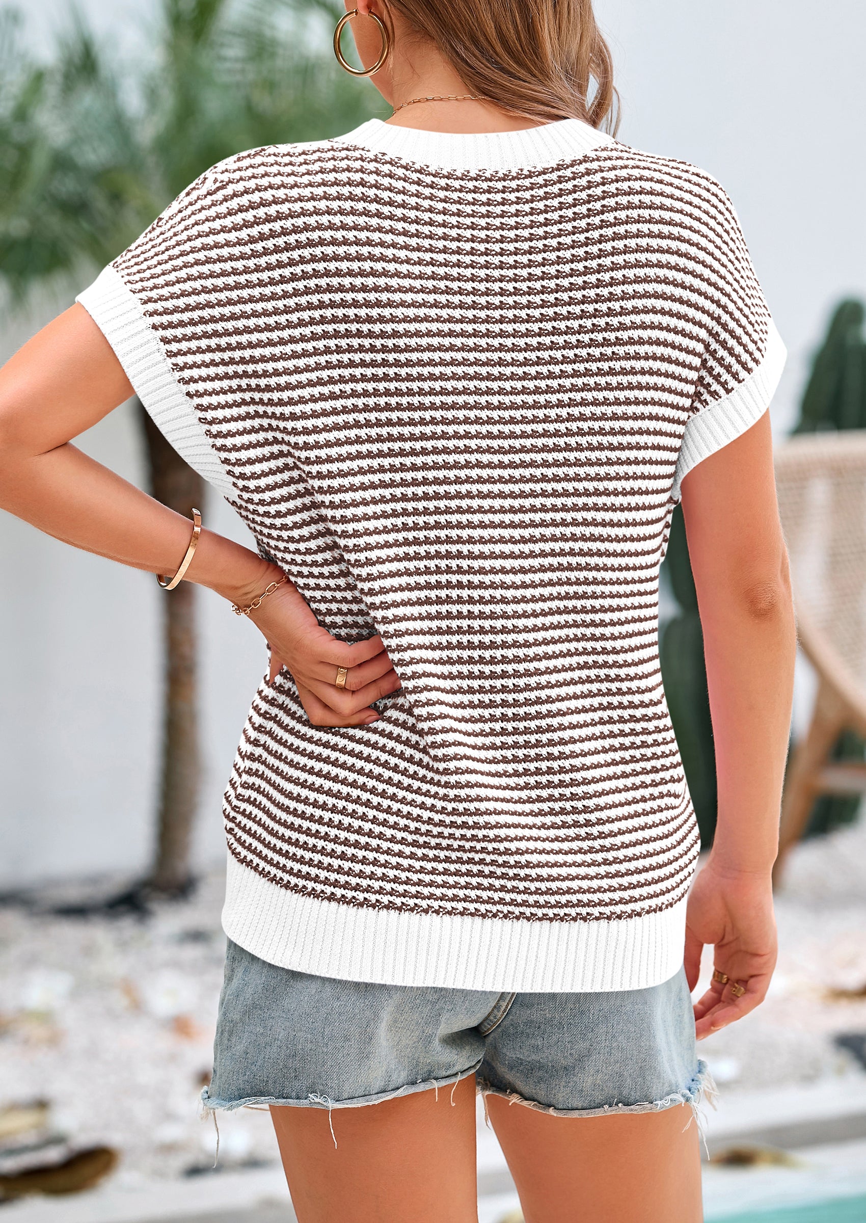 PRETTYGARDEN Womens Short Sleeve Sweater Spring Summer Round Neck Striped Pullover Cap Sleeve Knit Sweater Vest Tops