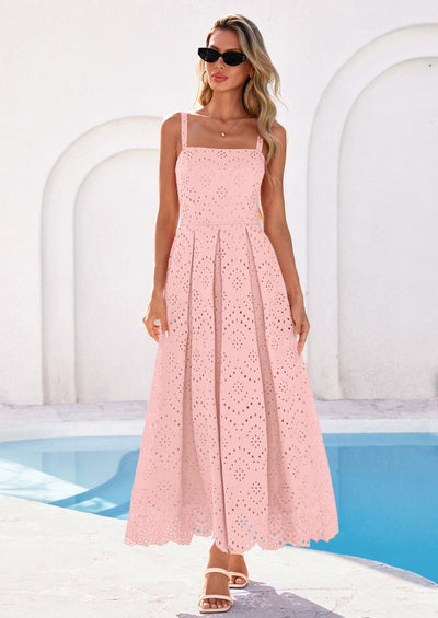 PRETTYGARDEN Womens Sleeveless Maxi Summer Dresses Hollow Out Eyelet Square Neck Ruffle Flowy Beach Vacation Sundress PRETTYGARDEN