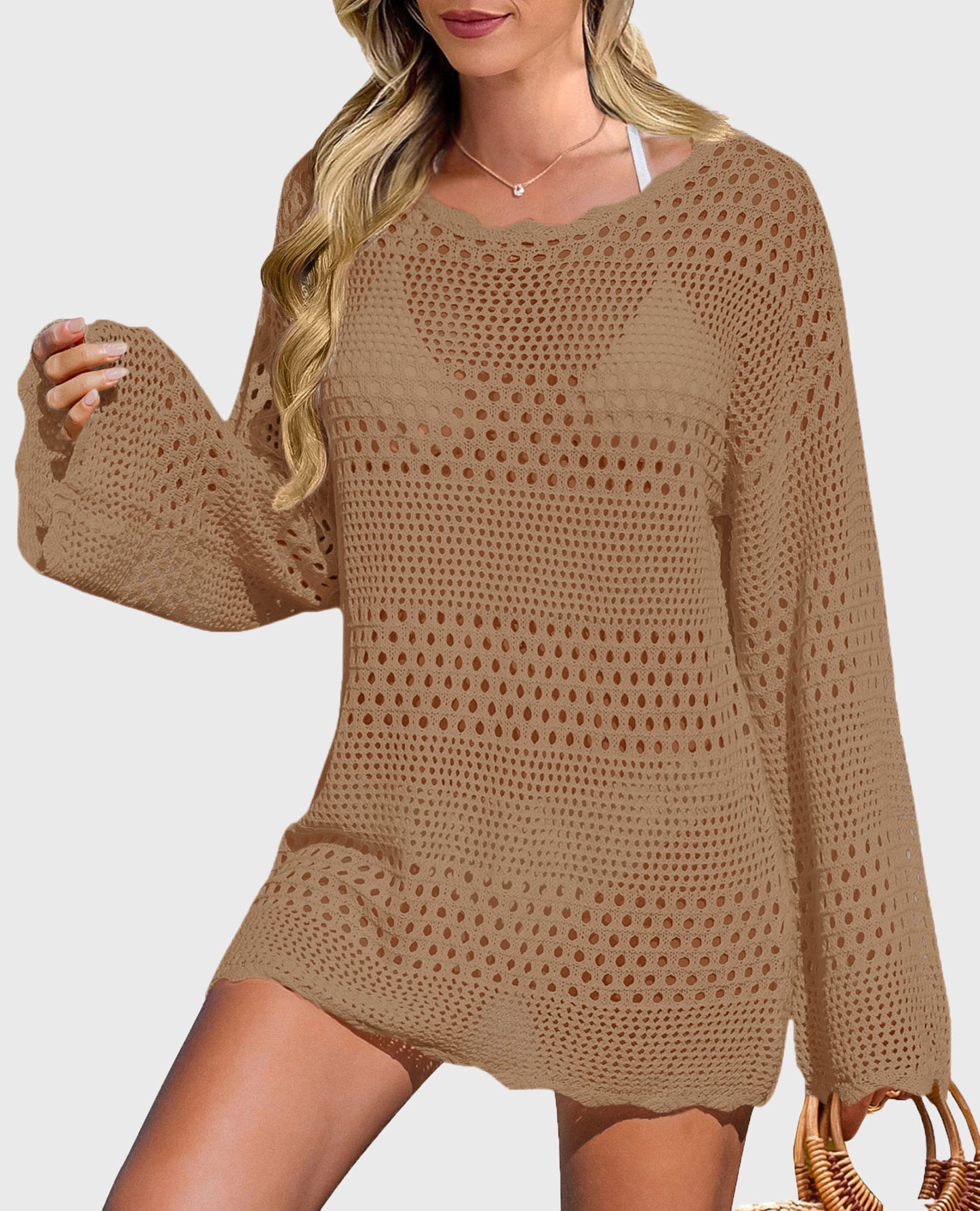 Women's Swimsuit Cover Up Long Sleeve Knit Crochet Bathing Suit Swimwear Beach Dress Summer Vacation Outfits