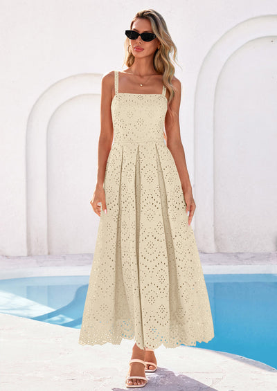 PRETTYGARDEN Womens Sleeveless Maxi Summer Dresses Hollow Out Eyelet Square Neck Ruffle Flowy Beach Vacation Sundress PRETTYGARDEN