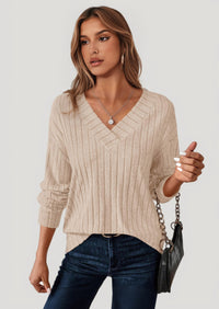 PRETTYGARDEN Fall Fashion Long Sleeve Shirts for Women Ribbed Knit V Neck Dressy Casual Lightweight Sweaters Tunic Tops