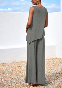 PRETTYGARDEN Women's Two Piece Matching Lounge Sets Asymmetrical Split Tank Tops Wide Leg Pants Summer Outfits Tracksuit