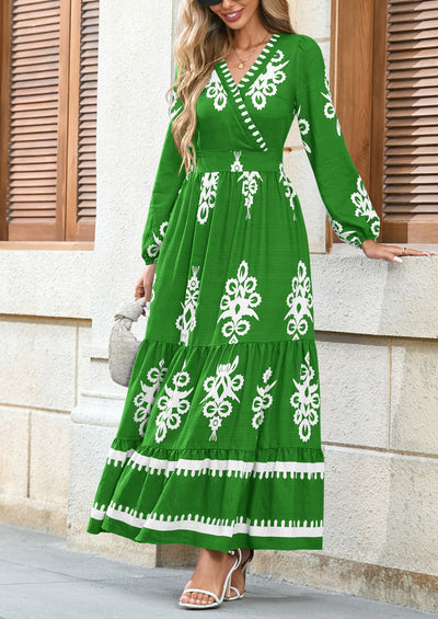 PRETTYGARDEN Women's Fall Wedding Guest Dresses Boho Floral Long Sleeve V Neck Flowy Elegant Maxi Dress Beach Clothes