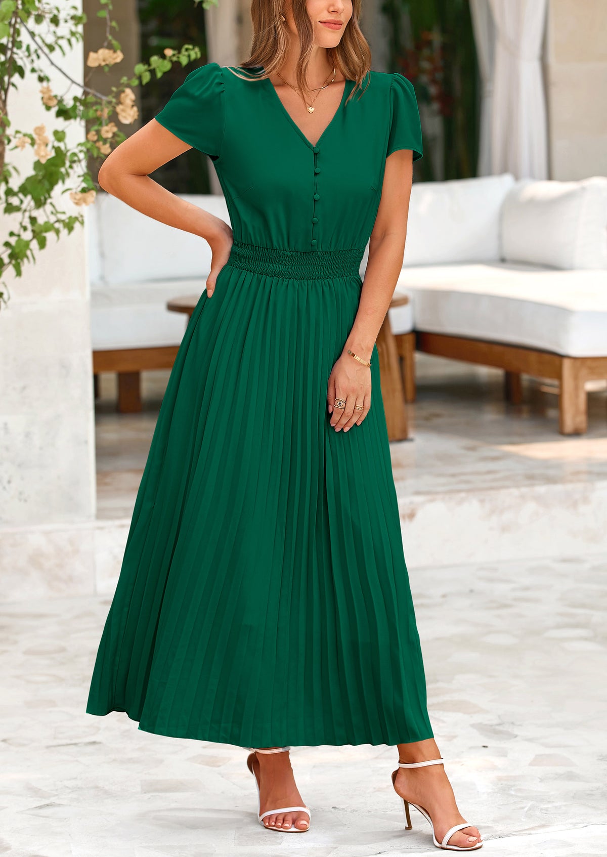 Women's Summer Maxi Dresses 2025 Trendy Casual Button V Neck Ruffle Cap Sleeve Long Flowy Pleated Dress