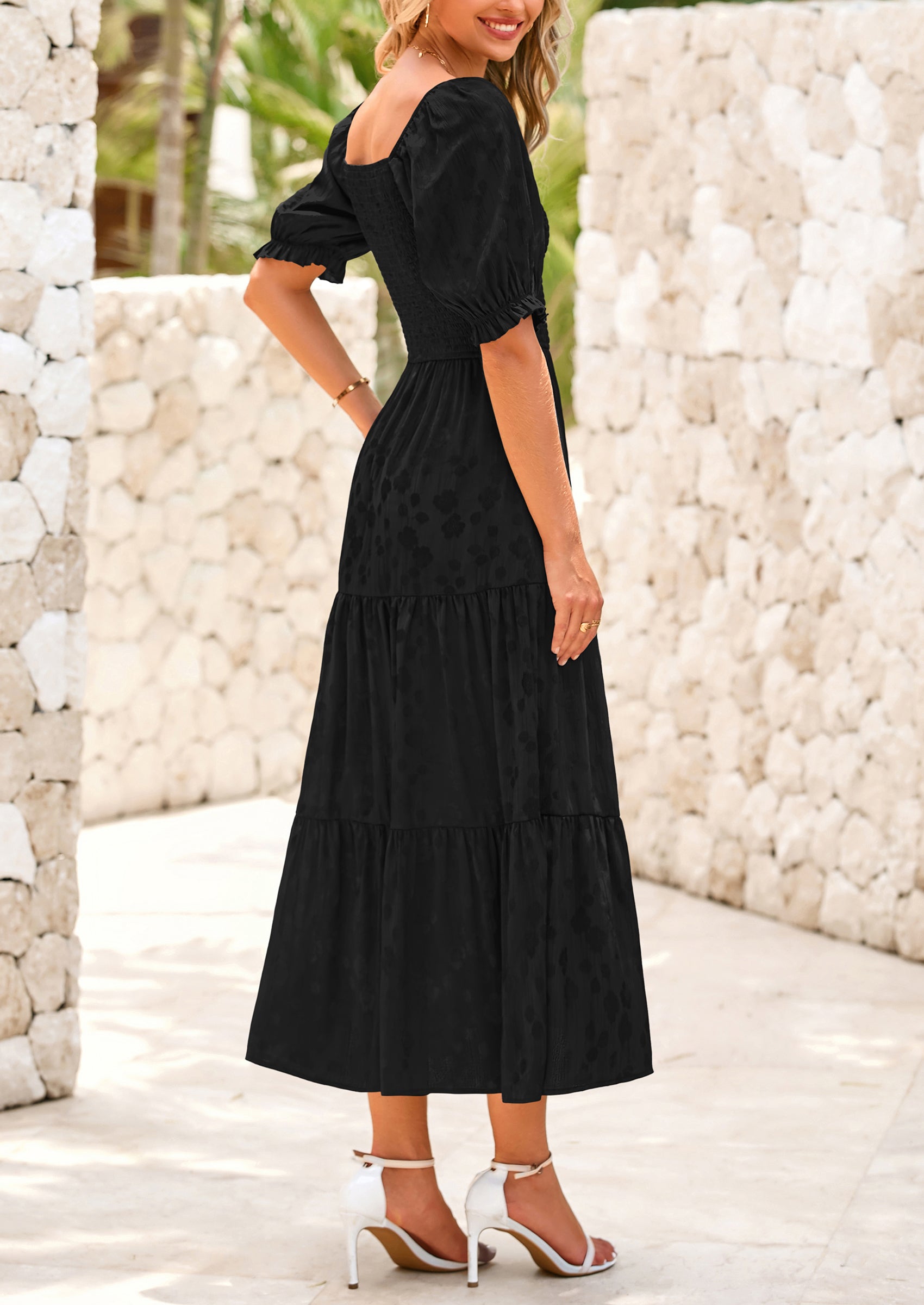 PRETTYGARDEN Women's Casual Midi Dresses Square Neck Short Sleeve Smocked A Line Floral Flowy Elegant Boho Dress