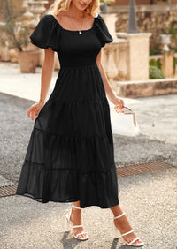 PRETTYGARDEN Women's Summer Casual Midi Dress Puffy Short Sleeve Square Neck Smocked Tiered Ruffle Dresses