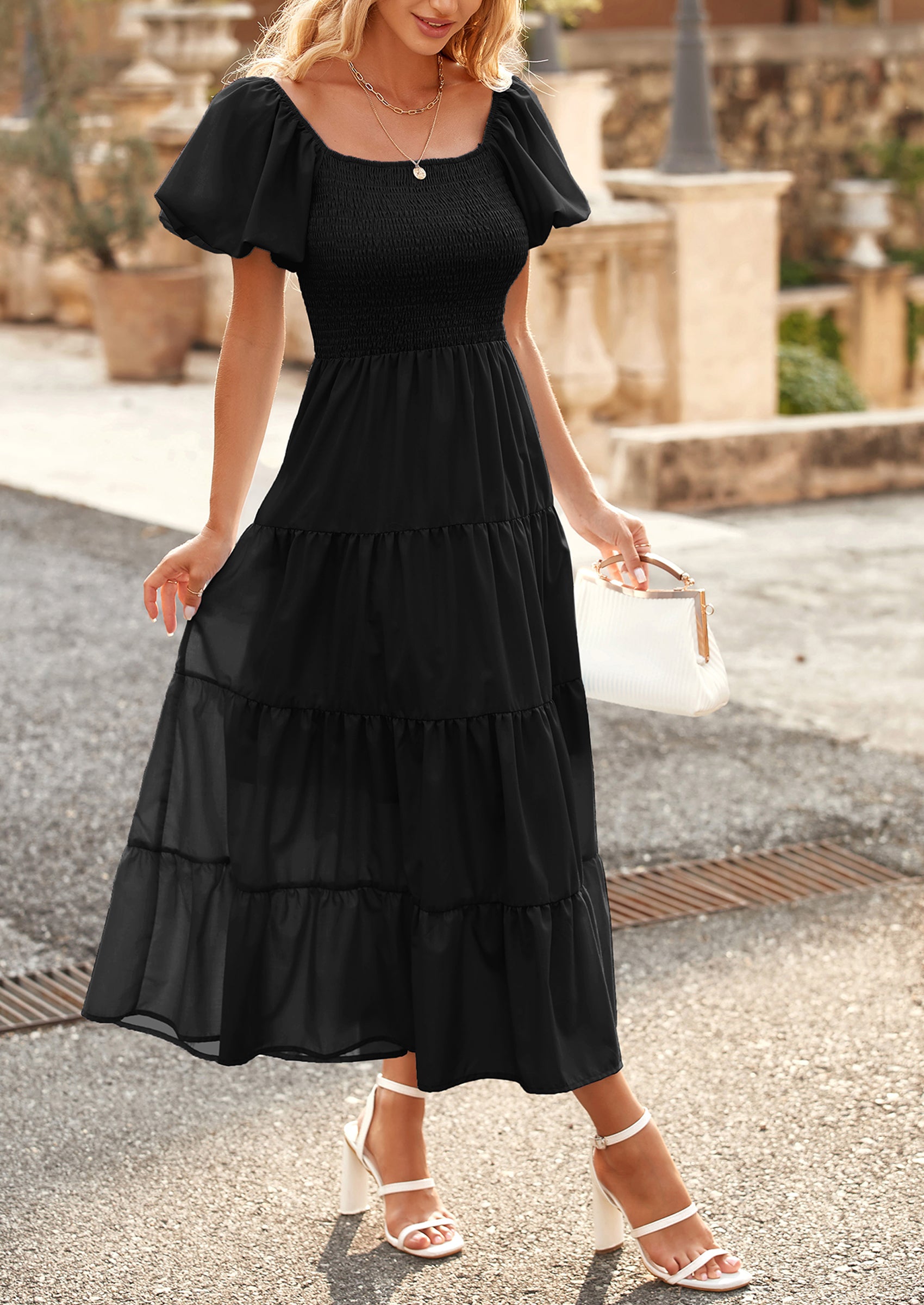 PRETTYGARDEN Women's Summer Casual Midi Dress Puffy Short Sleeve Square Neck Smocked Tiered Ruffle Dresses