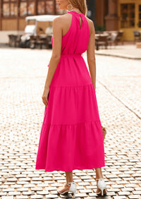 PRETTYGARDEN Women's Summer Floral Maxi Sun Dress Sleeveless Halter Neck Flowy Ruffle Hem Long Boho Dresses with Belt