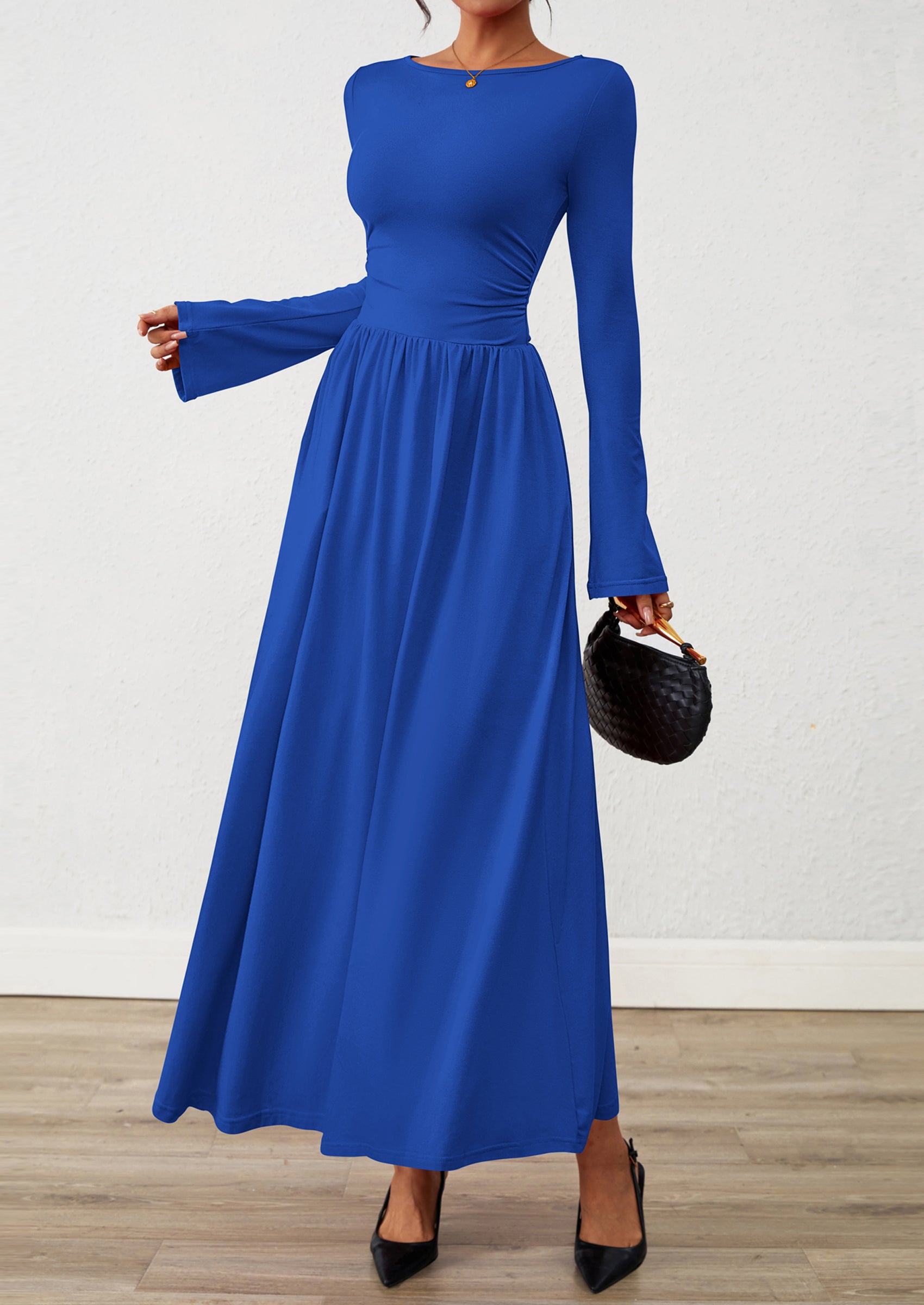 BTFBM Long Sleeve Maxi Dresses for Women Fall Casual Ruched Boat Neck Flowy Elegant Formal Wedding Guest Dress