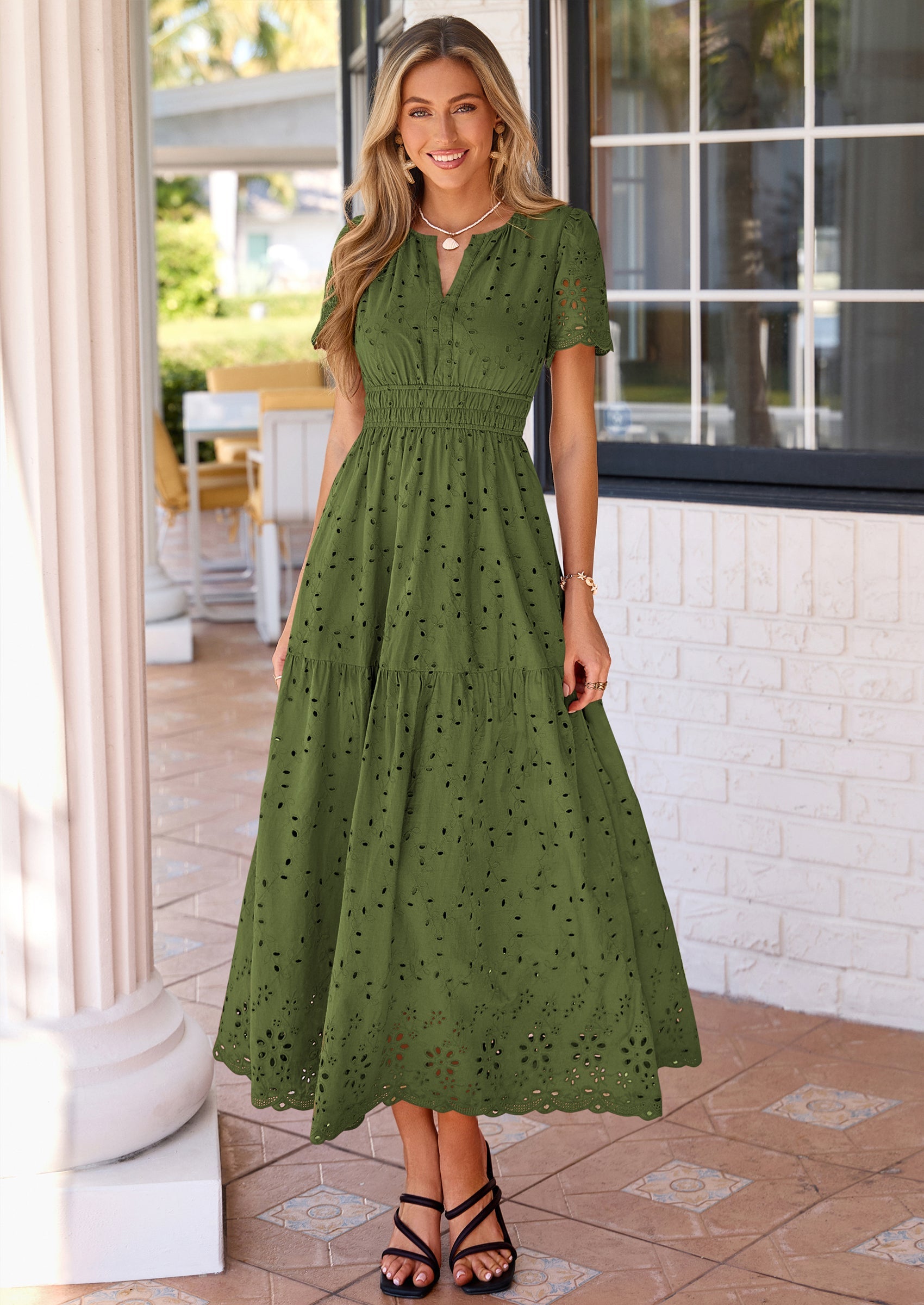 PRETTYGARDEN Short Sleeve Spring Dresses for Women Elegant Classy Boho High Waist A Line Pleated Wedding Guest Dress PRETTYGARDEN