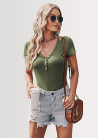 PRETTYGARDEN Women's Summer Casual Henley T-Shirts Short Sleeve V Neck Button Up Ribbed Knit Slim Fit Basic Tops