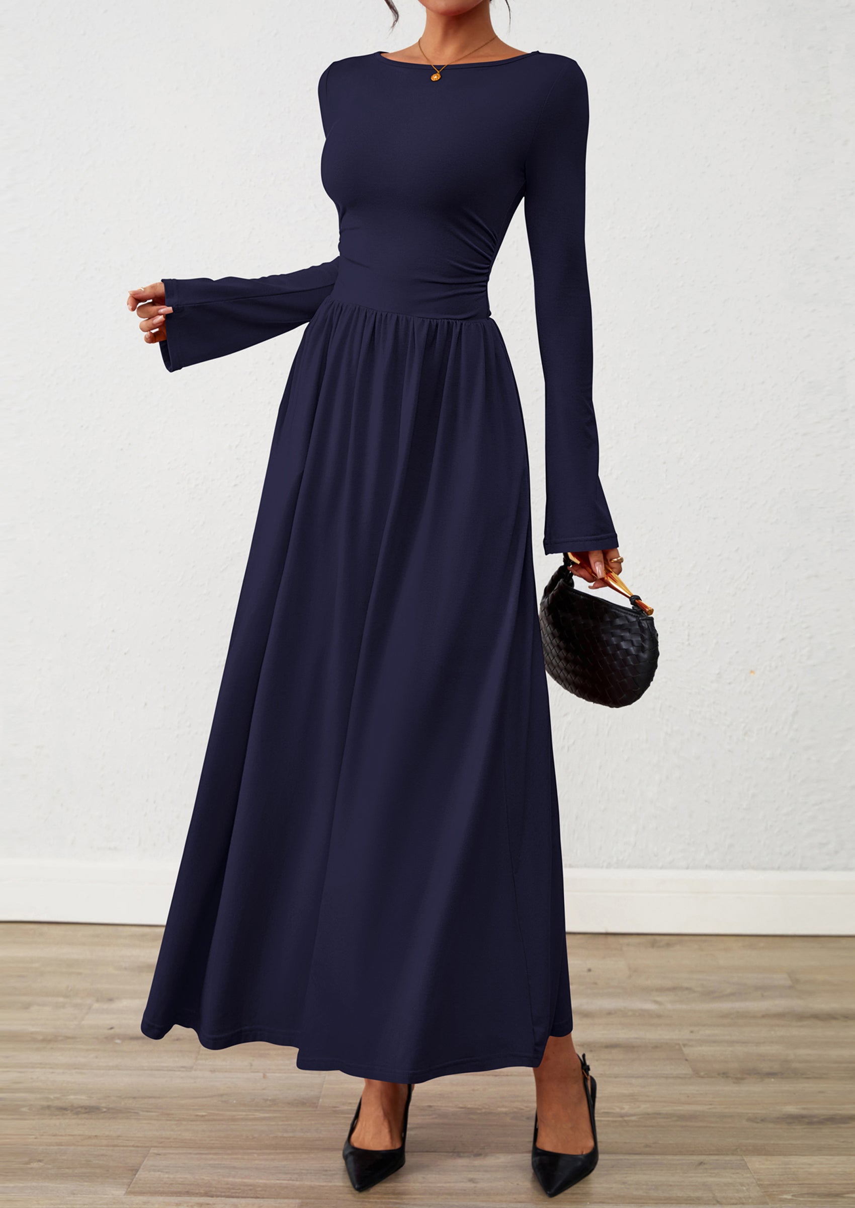 BTFBM Long Sleeve Maxi Dresses for Women Fall Casual Ruched Boat Neck Flowy Elegant Formal Wedding Guest Dress