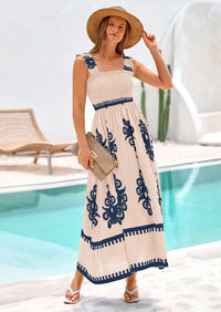 PRETTYGARDEN Womens Summer Boho Maxi Dress Casual Sleeveless Square Neck Floral Aline Smocked Beach Dresses with Pockets