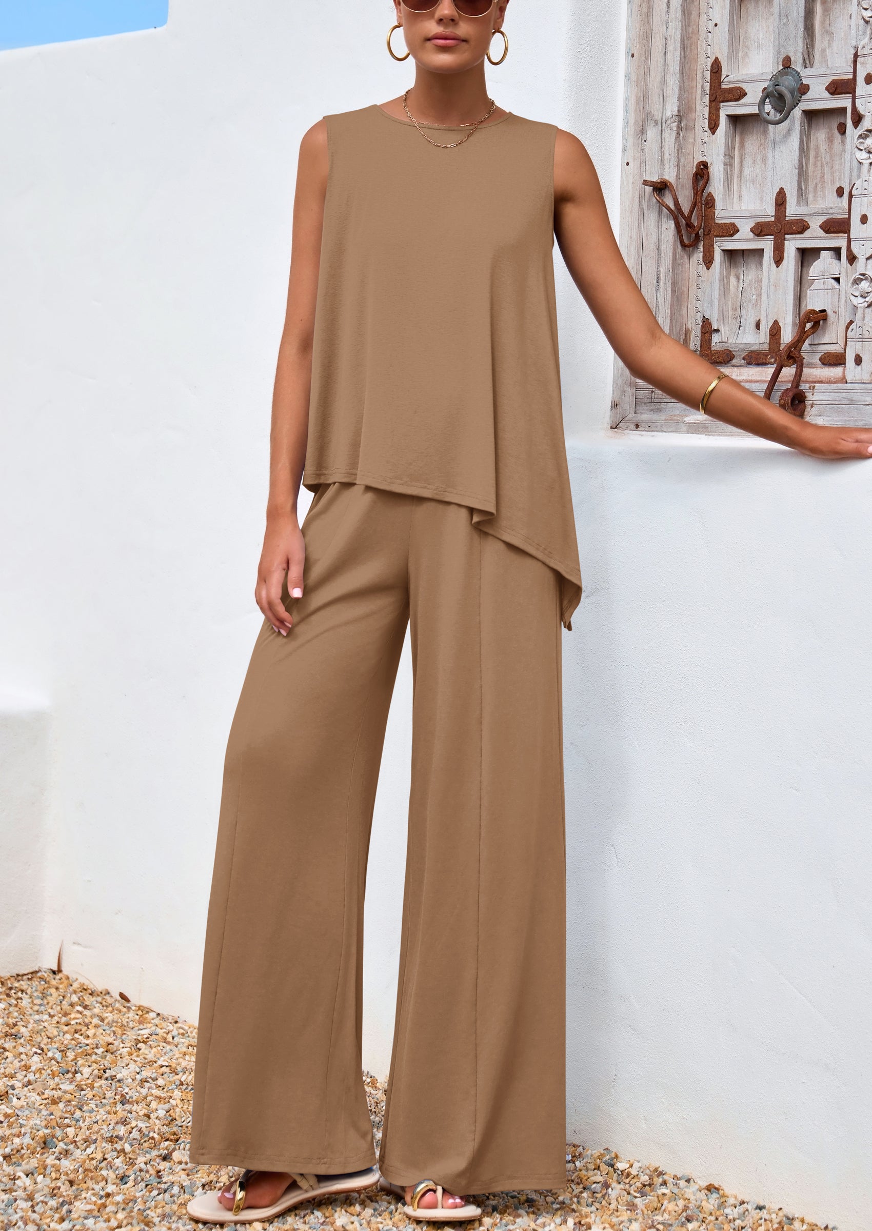 PRETTYGARDEN Women's Two Piece Matching Lounge Sets Asymmetrical Split Tank Tops Wide Leg Pants Summer Outfits Tracksuit