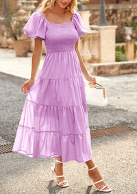 PRETTYGARDEN Women's Summer Casual Midi Dress Puffy Short Sleeve Square Neck Smocked Tiered Ruffle Dresses