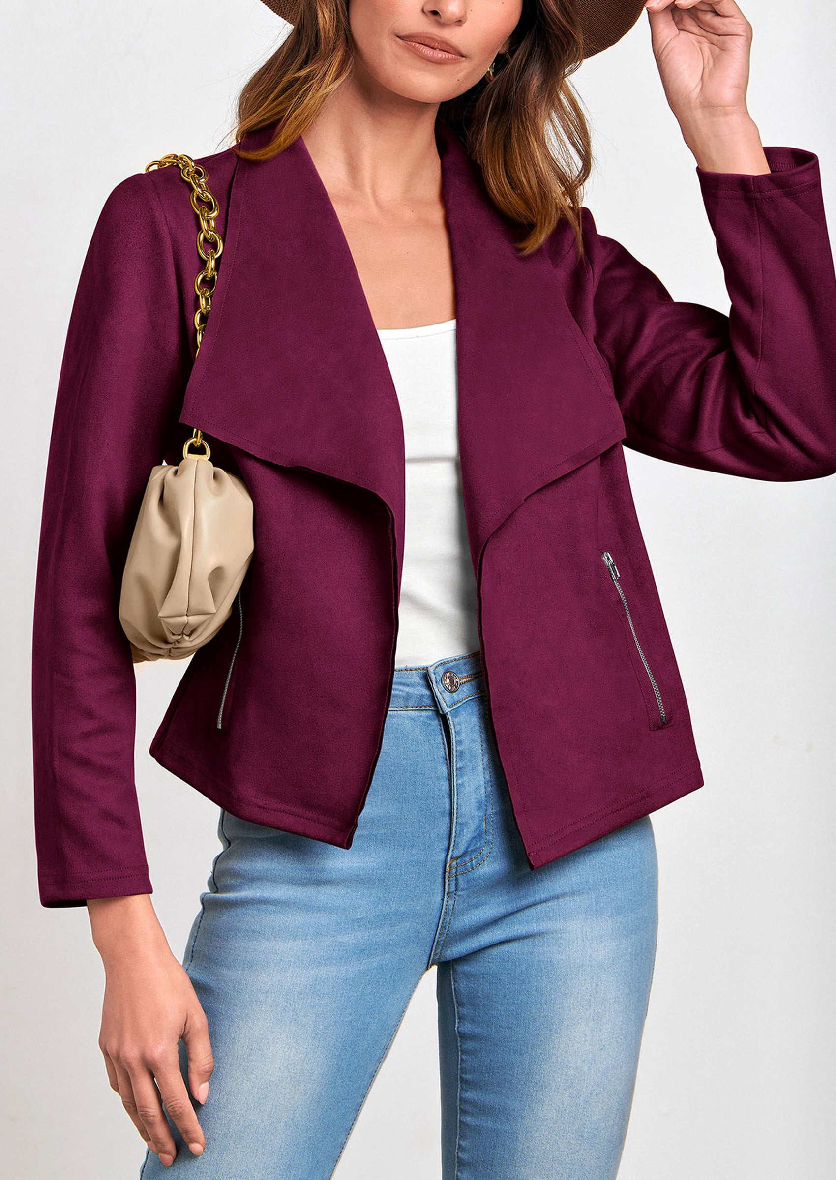 PRETTYGARDEN Women's Faux Suede Jackets Fashion Fall Clothes Long Sleeve Open Front Cropped Coat Outwear