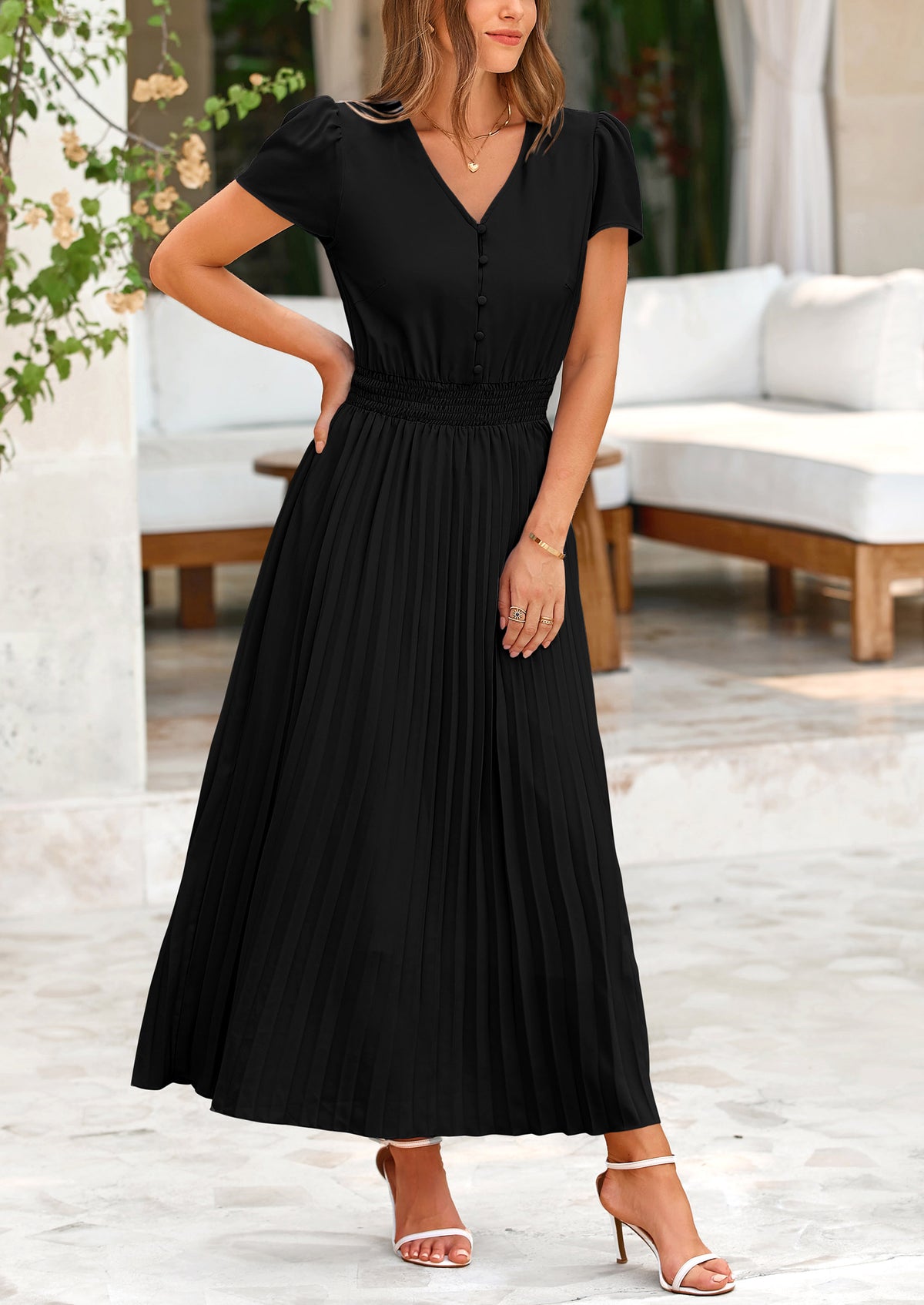 Women's Summer Maxi Dresses 2025 Trendy Casual Button V Neck Ruffle Cap Sleeve Long Flowy Pleated Dress