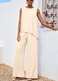 PRETTYGARDEN Women's Two Piece Matching Lounge Sets Asymmetrical Split Tank Tops Wide Leg Pants Summer Outfits Tracksuit