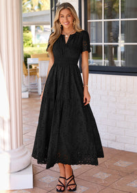 PRETTYGARDEN Short Sleeve Spring Dresses for Women Elegant Classy Boho High Waist A Line Pleated Wedding Guest Dress PRETTYGARDEN