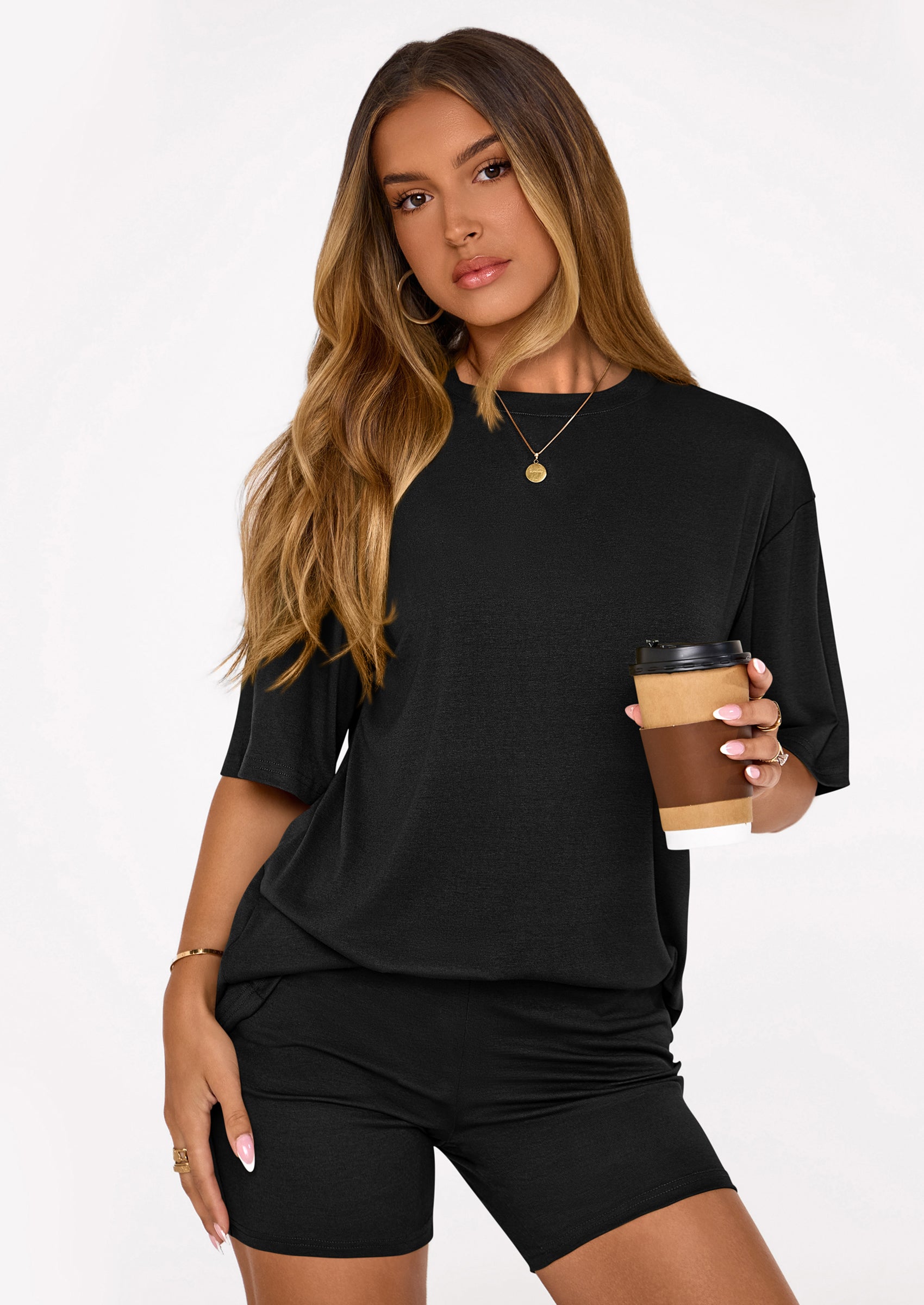 PRETTYGARDEN Women's Two Piece Matching Lounge Sets Summer Casual Tops Short Sleeve Shirts Shorts Travel Airport Outfits PRETTYGARDEN