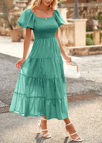 PRETTYGARDEN Women's Summer Casual Midi Dress Puffy Short Sleeve Square Neck Smocked Tiered Ruffle Dresses