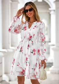 PRETTYGARDEN Women's Fall Boho Dresses Floral Long Sleeve V Neck Mini Flowy Wedding Guest Dress Trendy Vacation Outfits