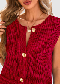 Sleeveless Button Down Cropped Chunky Knit Cardigan Trendy Tank Tops with Pockets