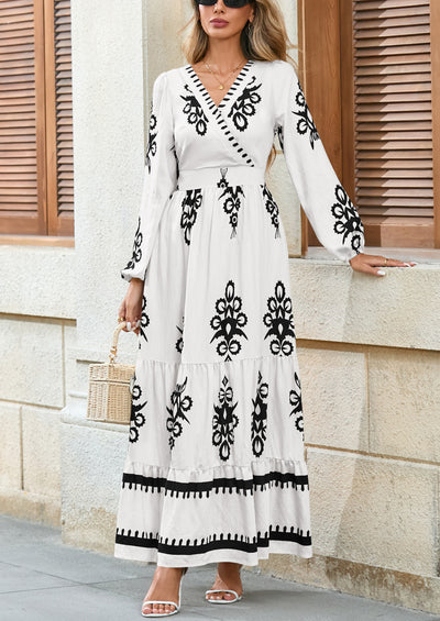 PRETTYGARDEN Women's Fall Wedding Guest Dresses Boho Floral Long Sleeve V Neck Flowy Elegant Maxi Dress Beach Clothes