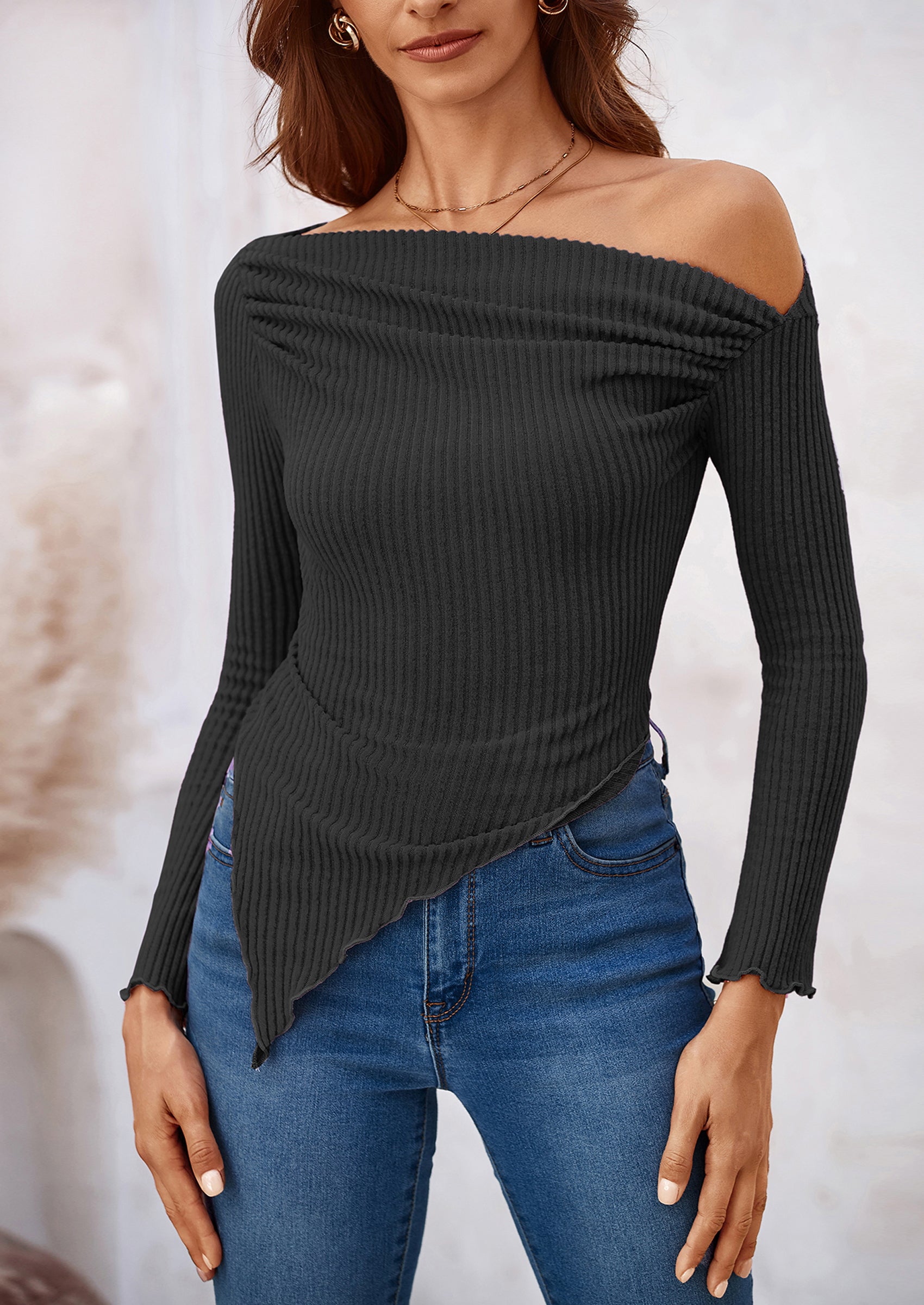 PRETTYGARDEN Women's Spring Long Sleeve Y2K Crop Top Trendy Off Shoulder Asymmetrical Fitted Knit Tee Shirts Going Out Tops