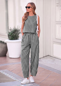 PRETTYGARDEN Womens 2 Piece Sets Summer Plaid Sleeveless Tops Wide Leg Pants Matching Lounge Set Beach Vacation Outfits