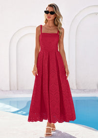 PRETTYGARDEN Womens Sleeveless Maxi Summer Dresses Hollow Out Eyelet Square Neck Ruffle Flowy Beach Vacation Sundress PRETTYGARDEN