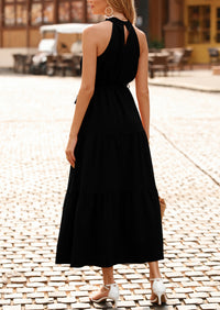 PRETTYGARDEN Women's Summer Floral Maxi Sun Dress Sleeveless Halter Neck Flowy Ruffle Hem Long Boho Dresses with Belt