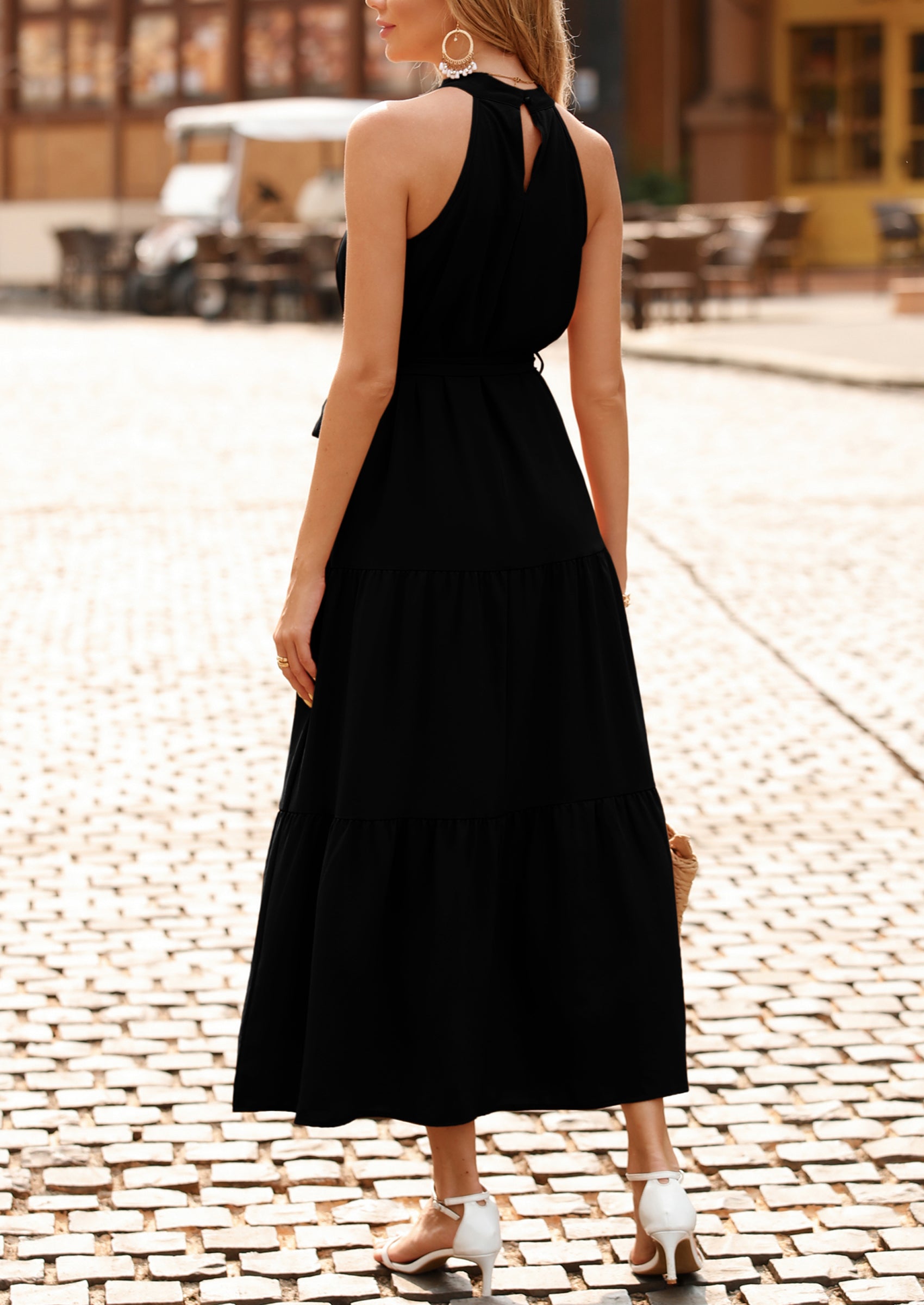 PRETTYGARDEN Women's Summer Floral Maxi Sun Dress Sleeveless Halter Neck Flowy Ruffle Hem Long Boho Dresses with Belt