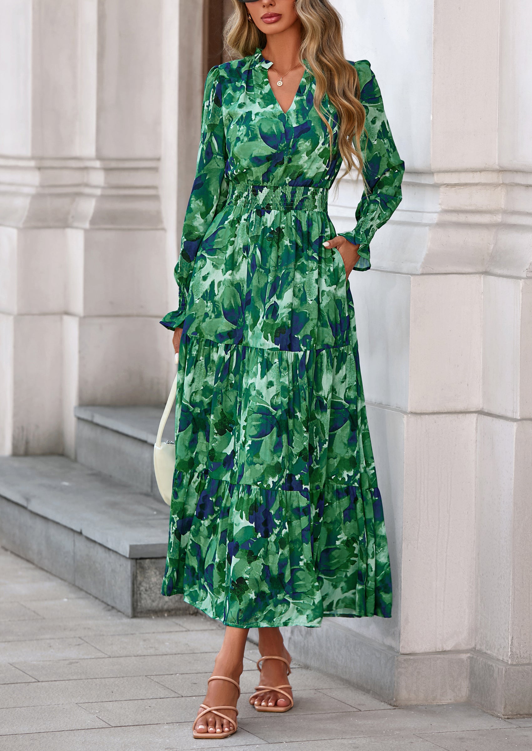 PRETTYGARDEN Women's Floral Maxi Dress Spring Long Sleeve V Neck Casual A Line Long Flowy Boho Party Dresses