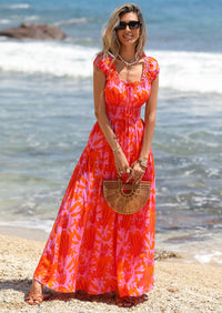 PRETTYGARDEN Women's Boho Maxi Dress Summer Cap Sleeve Long Flowy Beach Vacation Floral Sundresses Spring Resort Wear PRETTYGARDEN