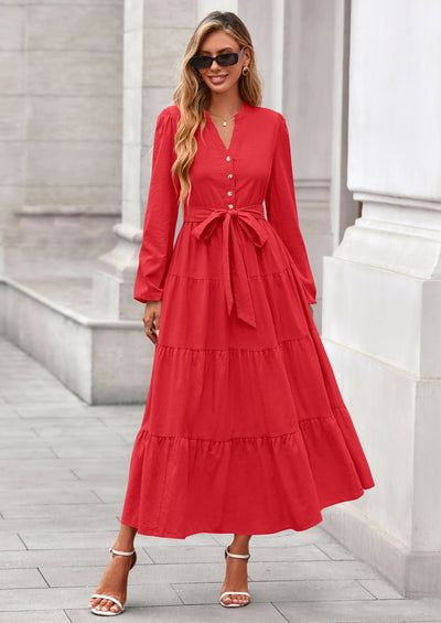 PRETTYGARDEN Fall Dresses for Women Long Sleeve V Neck Belted Ruffle A Line Flowy Boho Maxi Wedding Guest Dress Pockets