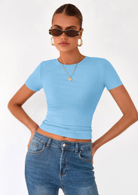 PRETTYGARDEN Women Summer Crew Neck Short Sleeve Tops Ribbed Knit Slim Fit Fashion Basic Tee Shirts Casual Going Out Top PRETTYGARDEN