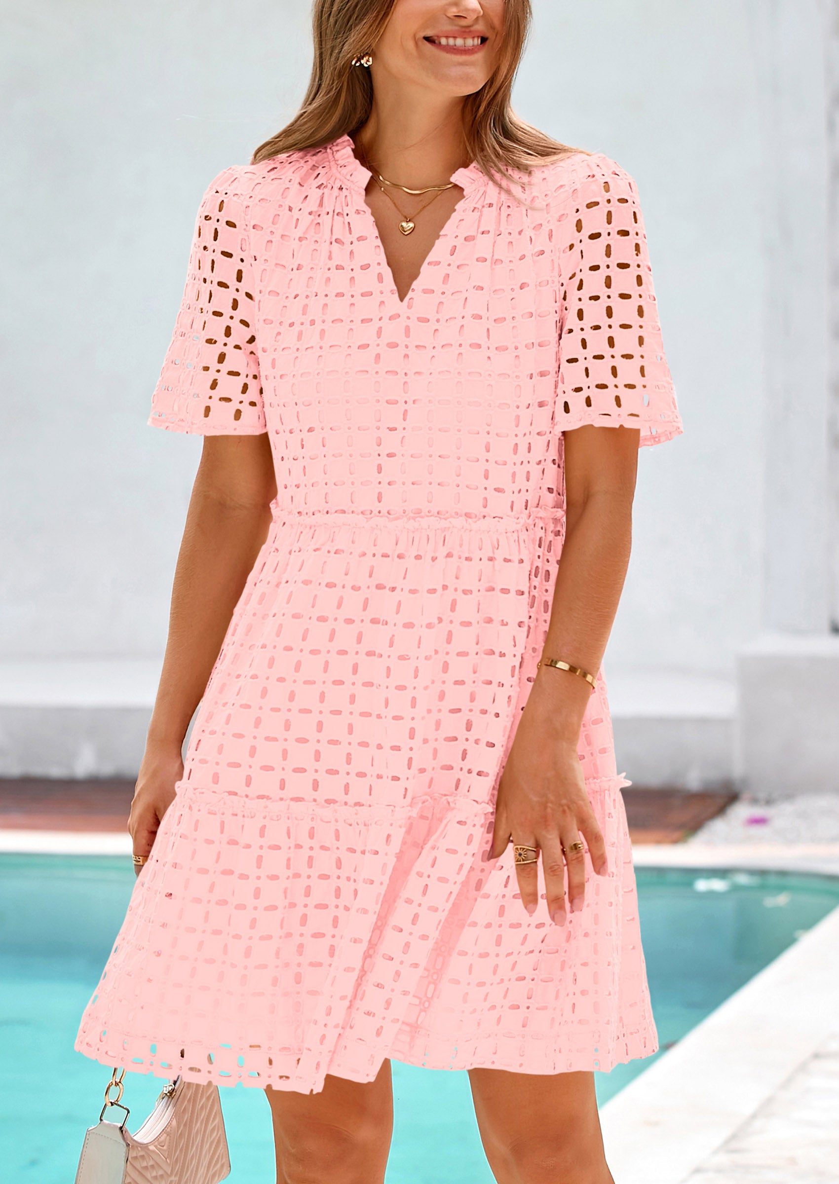 PRETTYGARDEN Women's Short Sleeve Mini Dress Summer V Neck Hollow Out Eyelet Ruffle A Line Swing Short Dresses