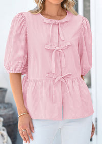 PRETTYGARDEN Women's Tie Front Striped Shirt Summer Trendy Fashion Cute Babydoll Tops Peplum Puffy Sleeve Blouse